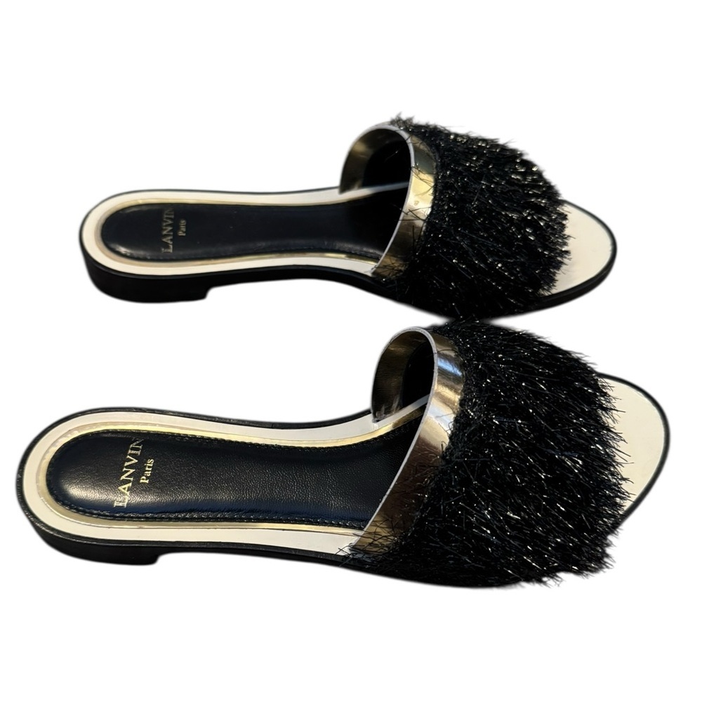 Lanvin Black and Gold Fur Slide Sandals - Picture 6 of 10
